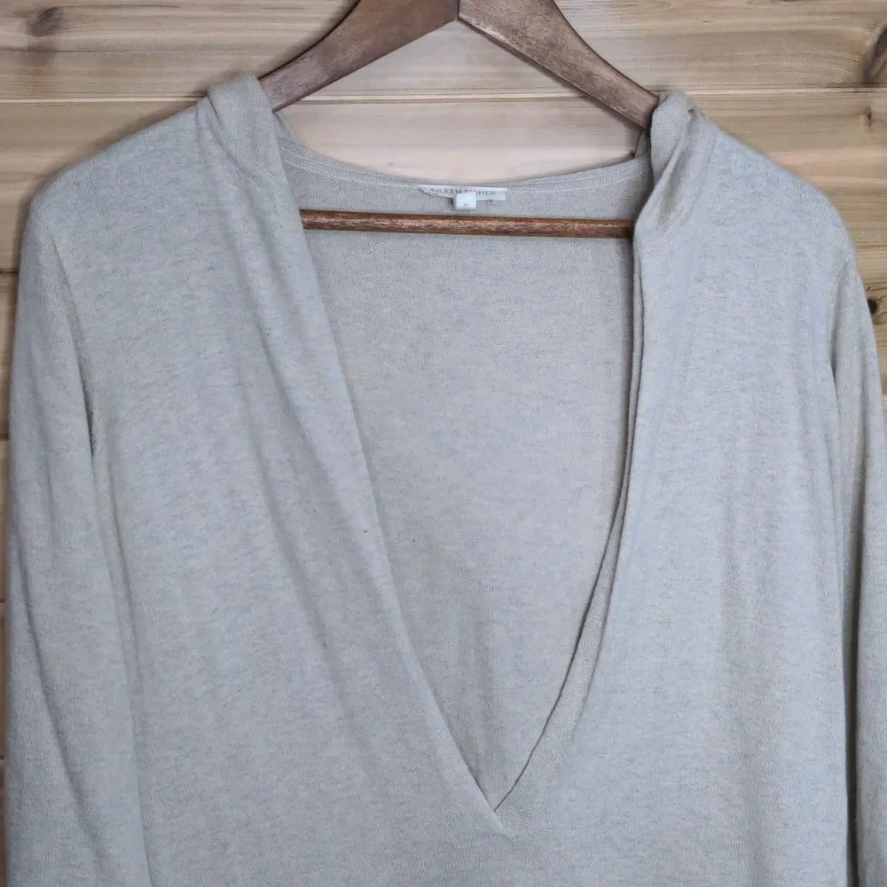Eileen Fisher Deep V-neck Hooded Sweater Cashmere Blend, Pale Beige, Small/M - Picture 2 of 8